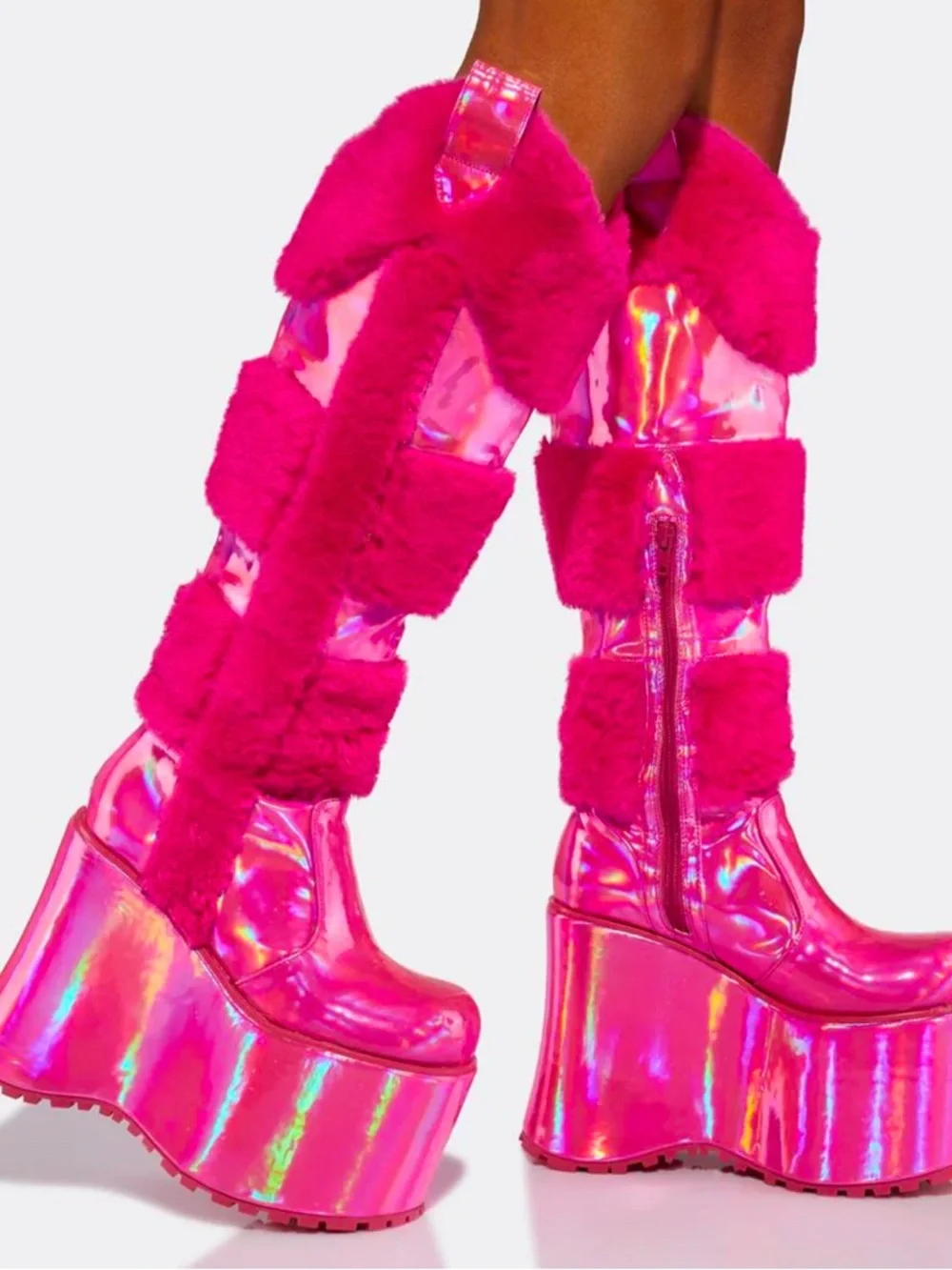 Hot Pink Holographic Snowy Rodeo Knee-High Boots - Picture 3 of 6